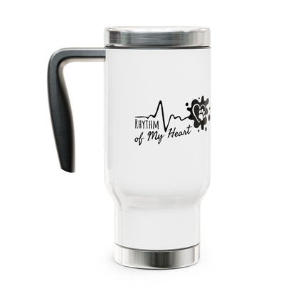 White travel mug with 'Rhythm of My Heart' design on a white background