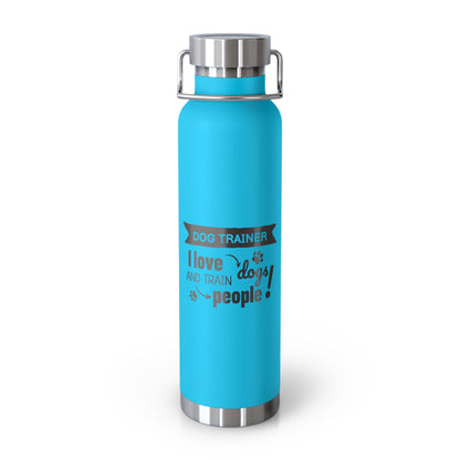 Blue water bottle with text on a white background