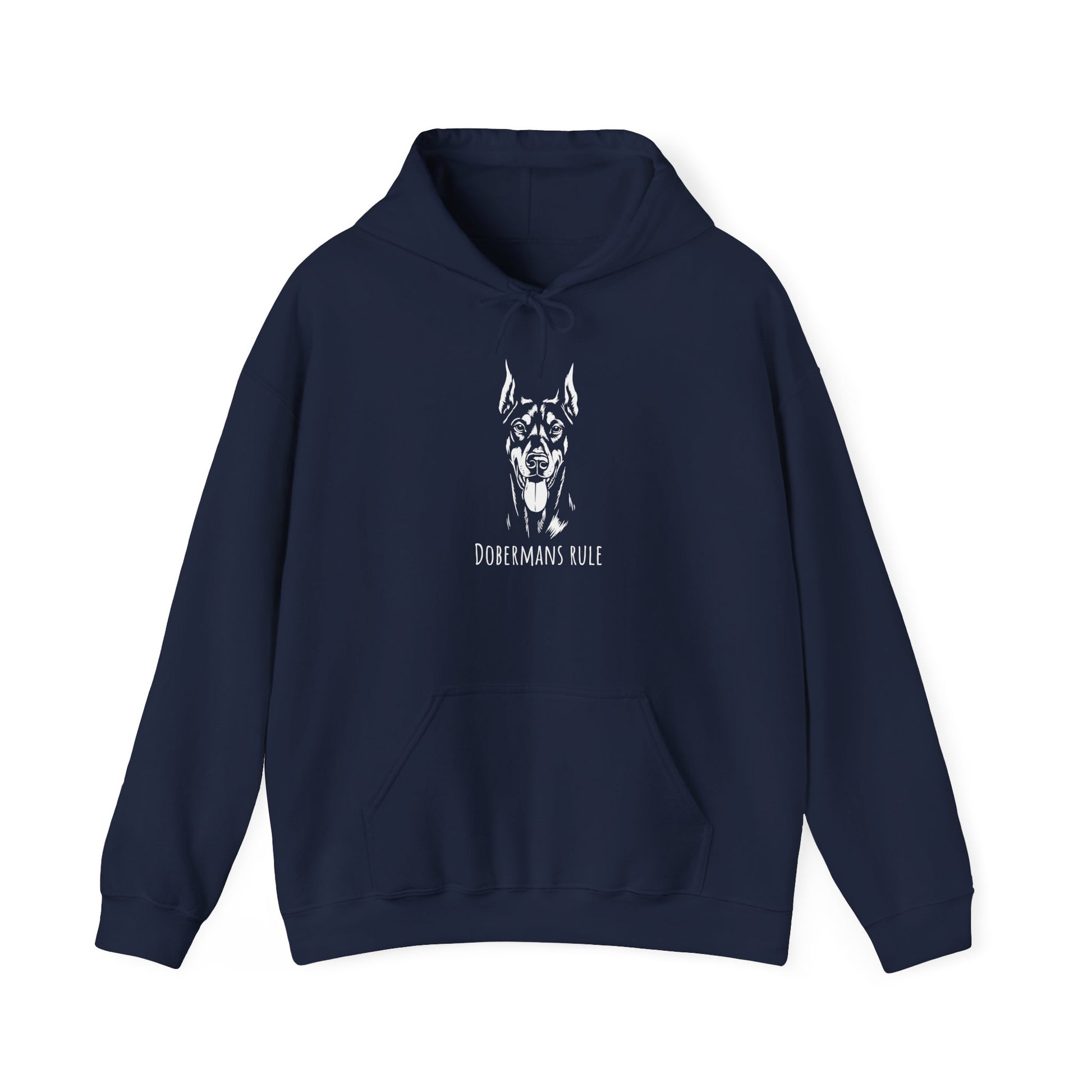 Navy blue hoodie with a dog graphic and 'Dobermans Rule' text on a white background