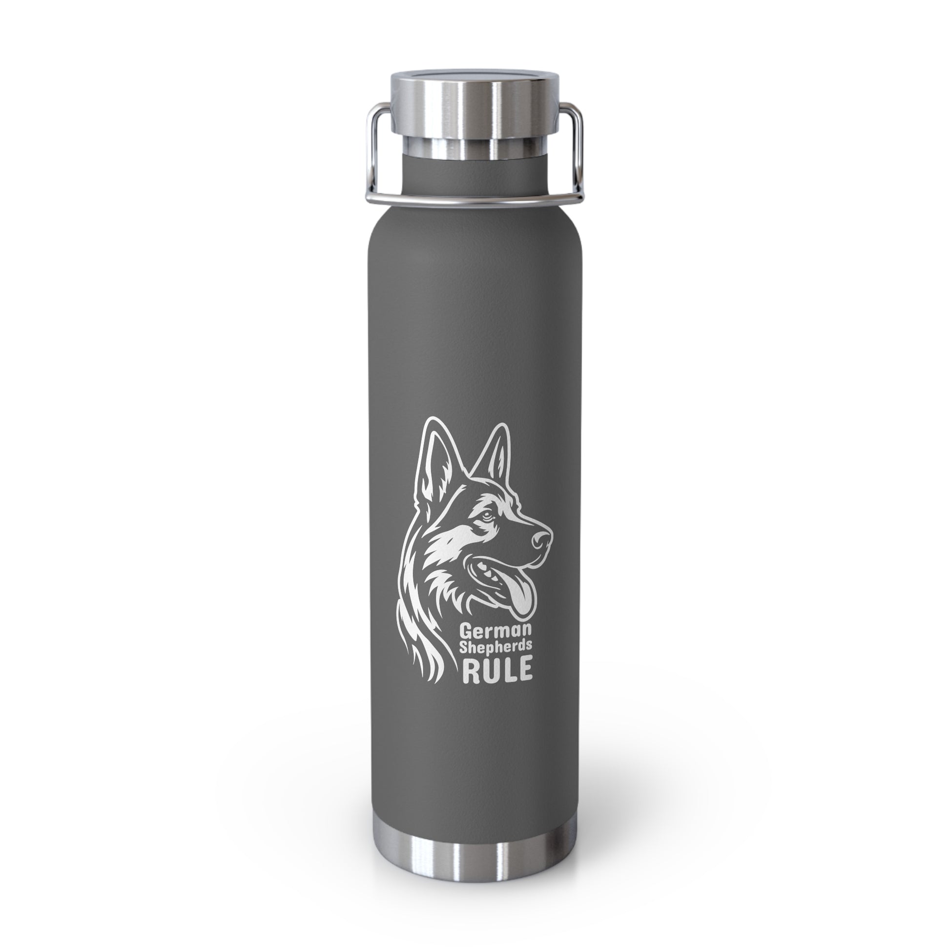 Gray water bottle with German Shepherd design and 'German Shepherds Rule' text on a white background