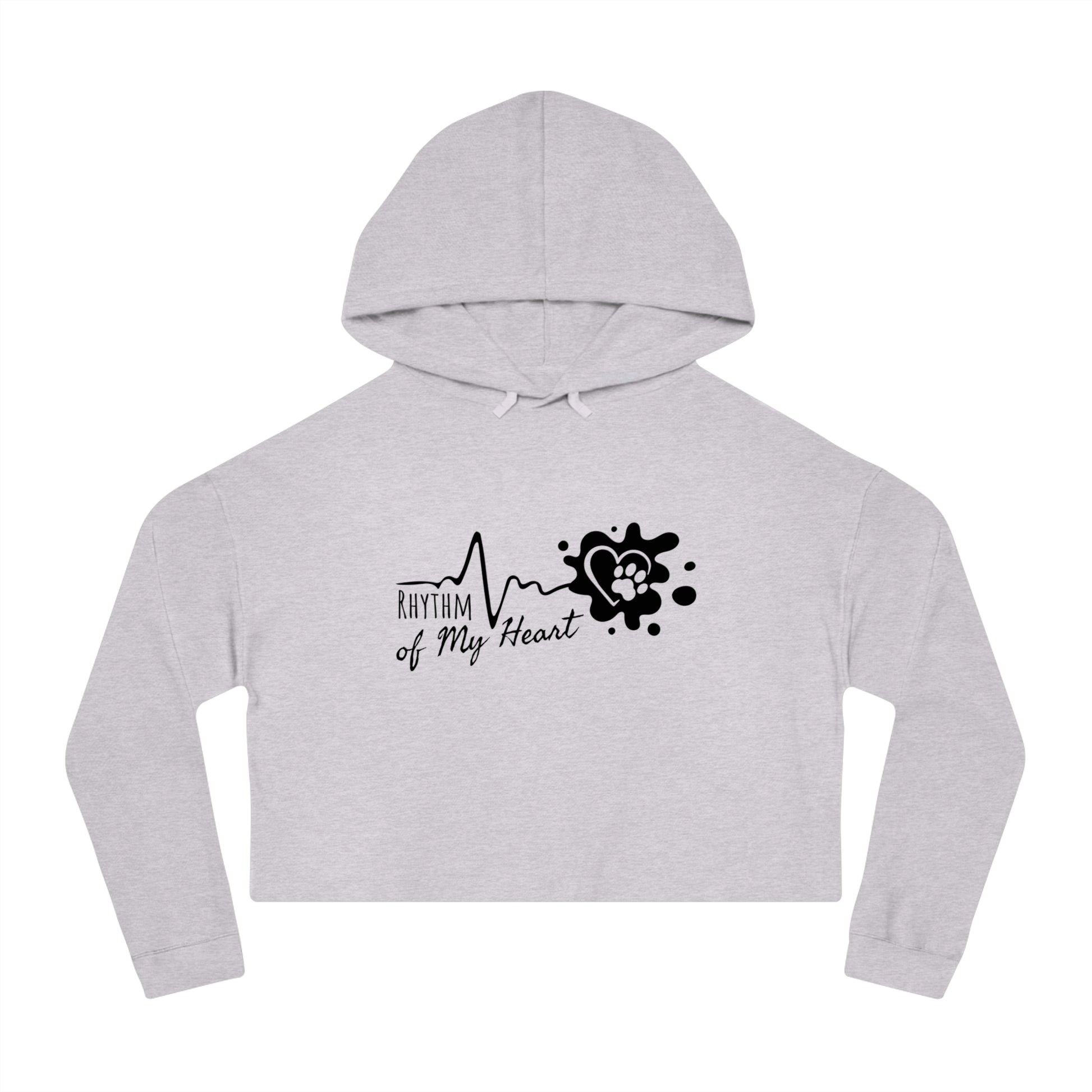 Gray cropped hoodie with 'Rhythm of My Heart' design on a white background