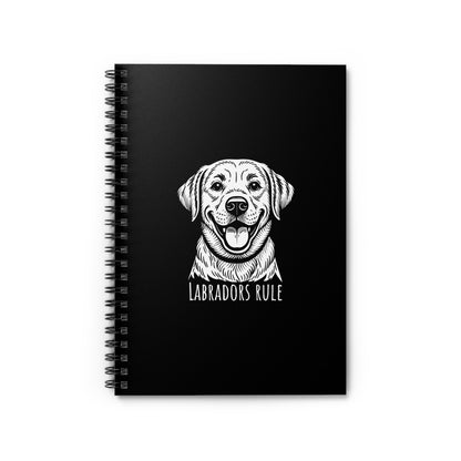 Black notebook with a white labrador illustration and 'Labradors Rule' text on a white background