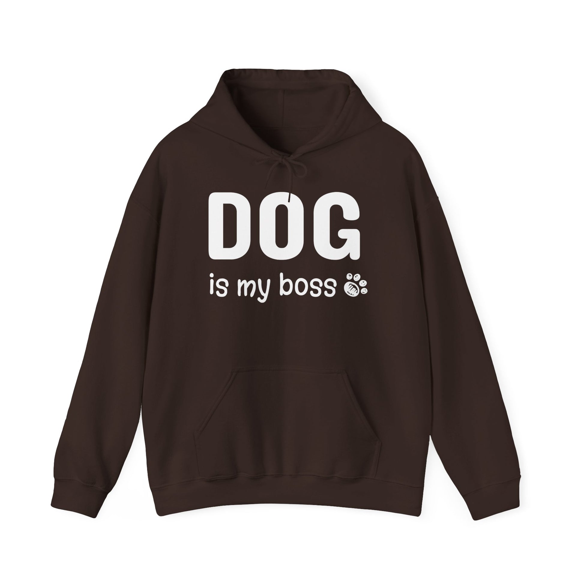 Brown hoodie with 'DOG is my boss' text on a white background