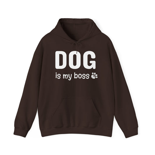 Brown hoodie with 'DOG is my boss' text on a white background
