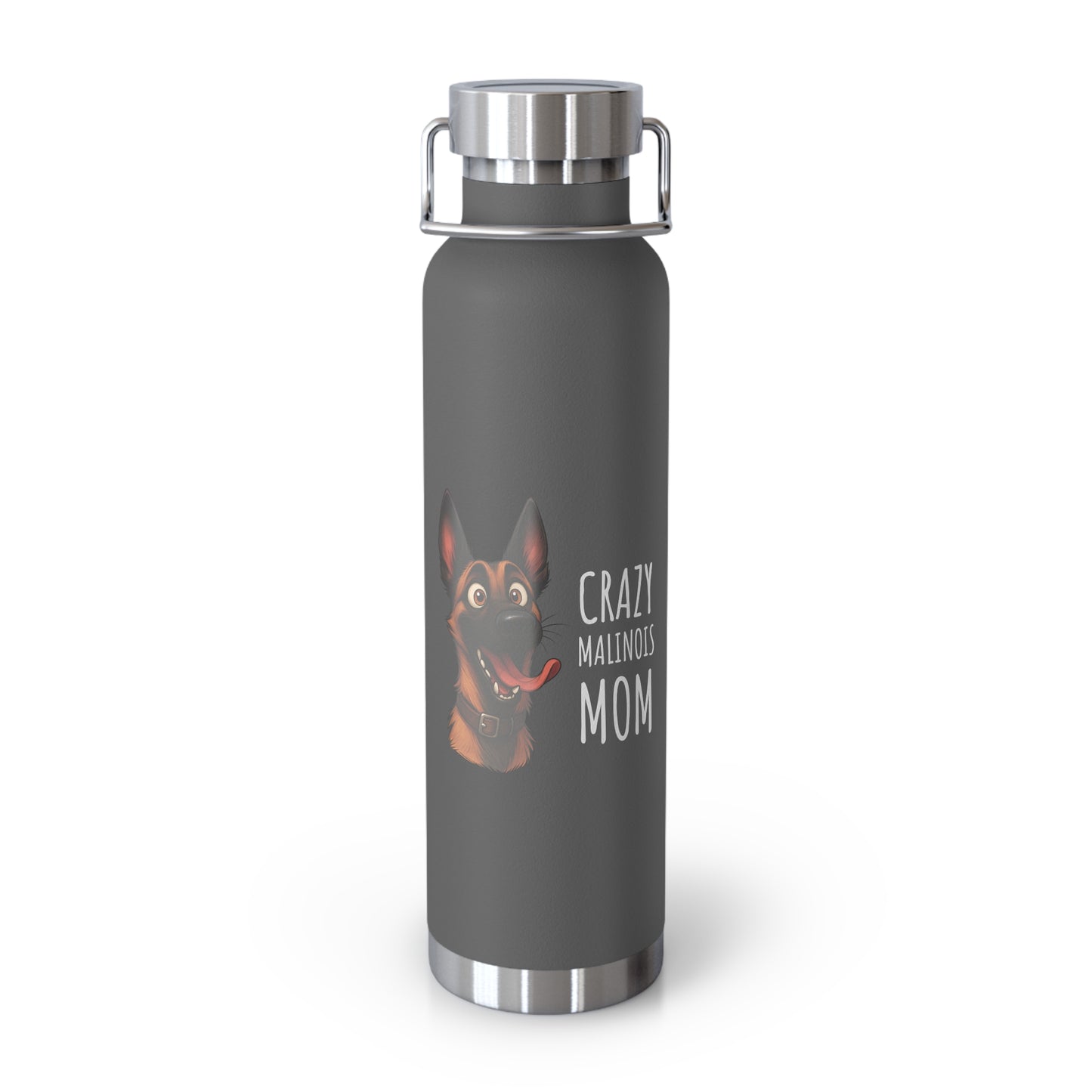 Gray water bottle with a dog illustration and text on a white background