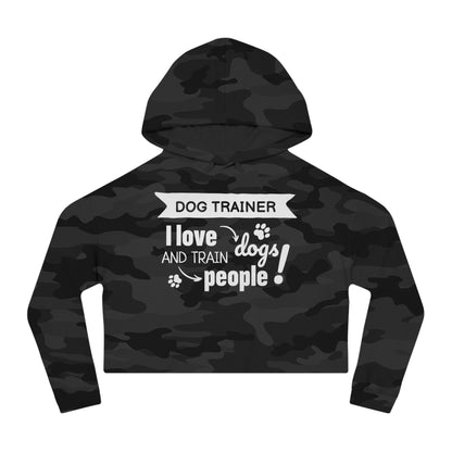 Black camouflage hoodie with text 'Dog Trainer I love dogs and train people' on a white background