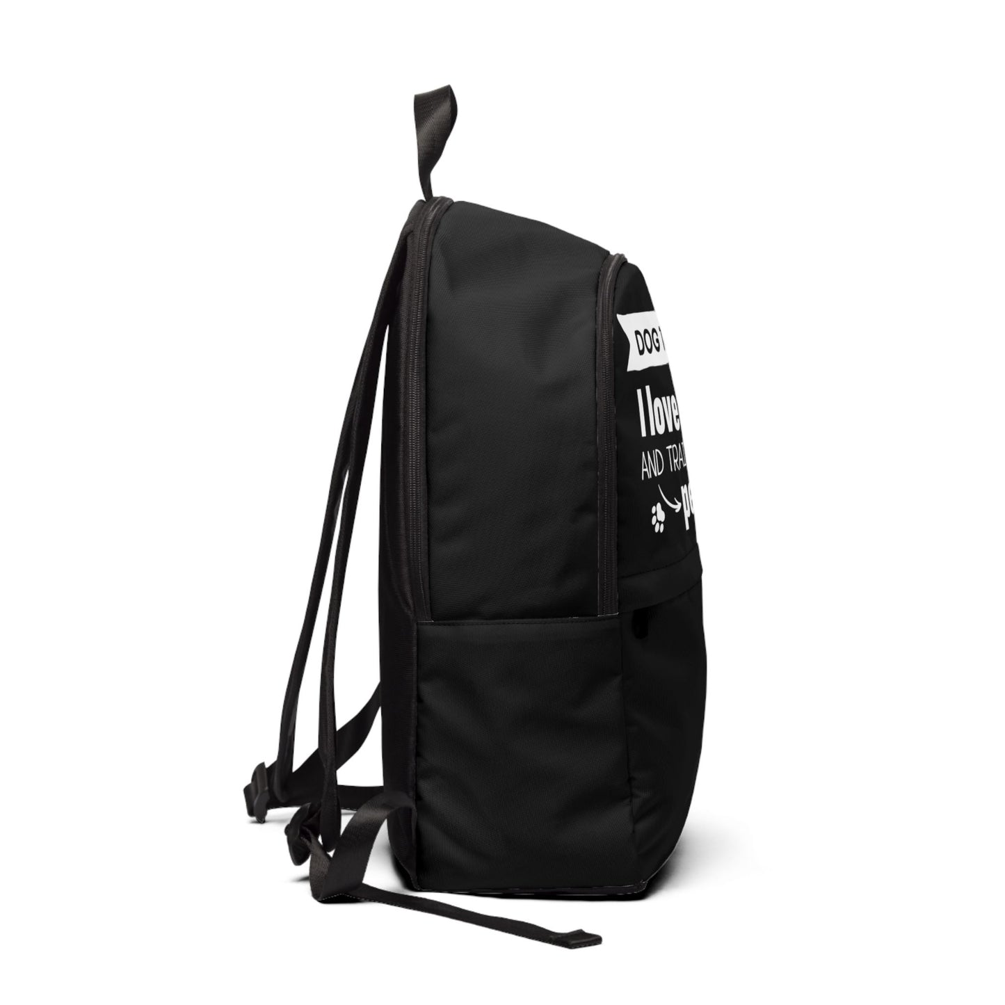 Black backpack with text on a white background