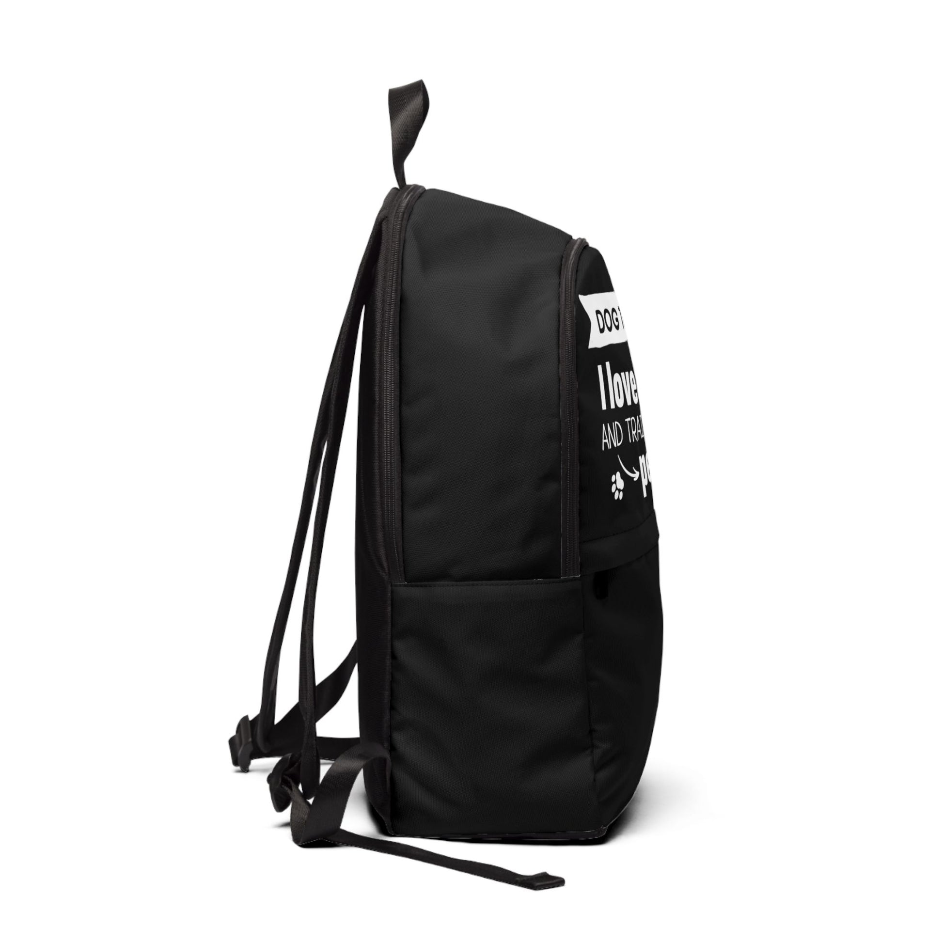 Black backpack with text on a white background
