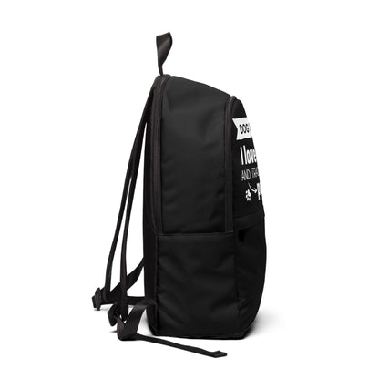Black backpack with text on a white background