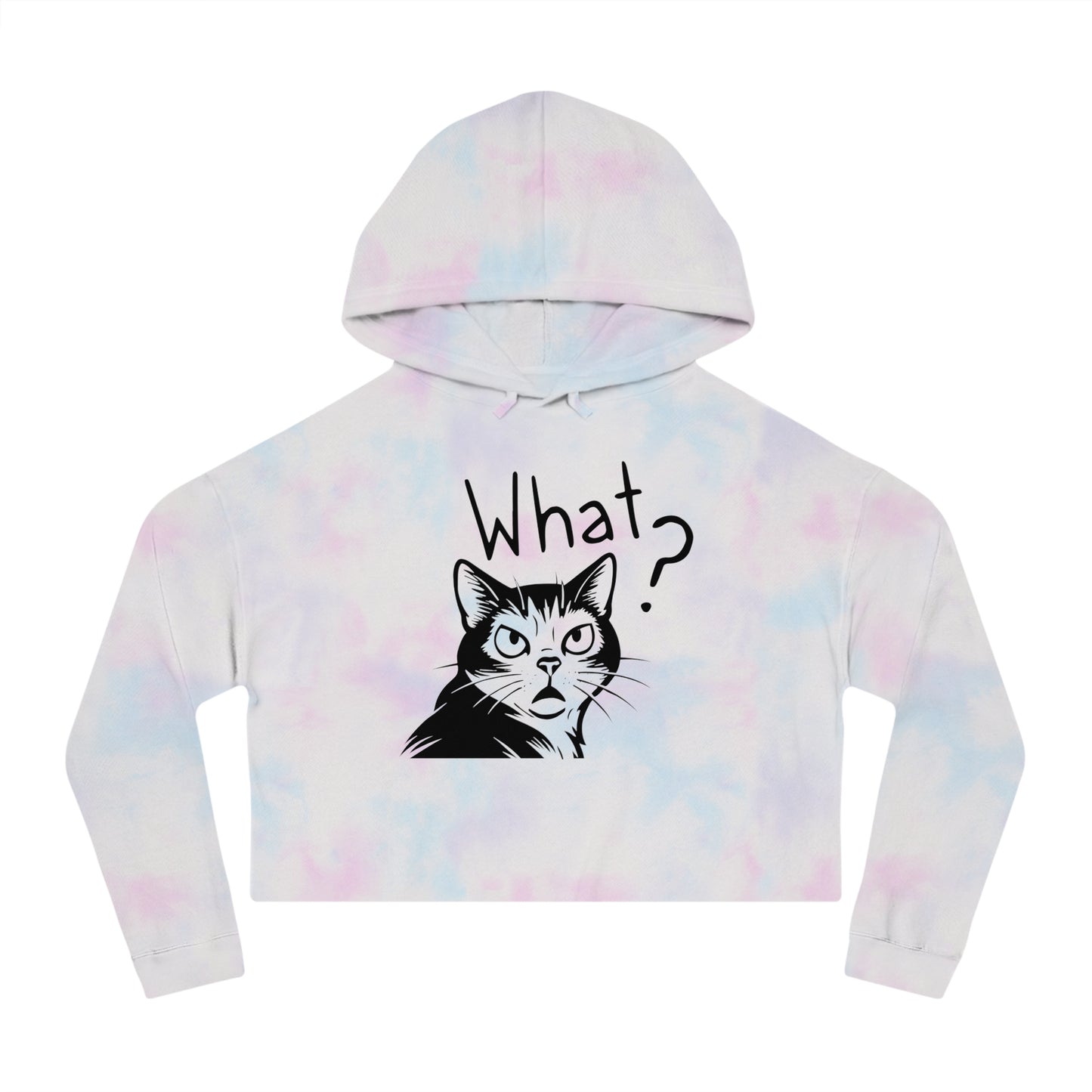 Tie-dye hoodie with a cat graphic and 'What?' text on a white background