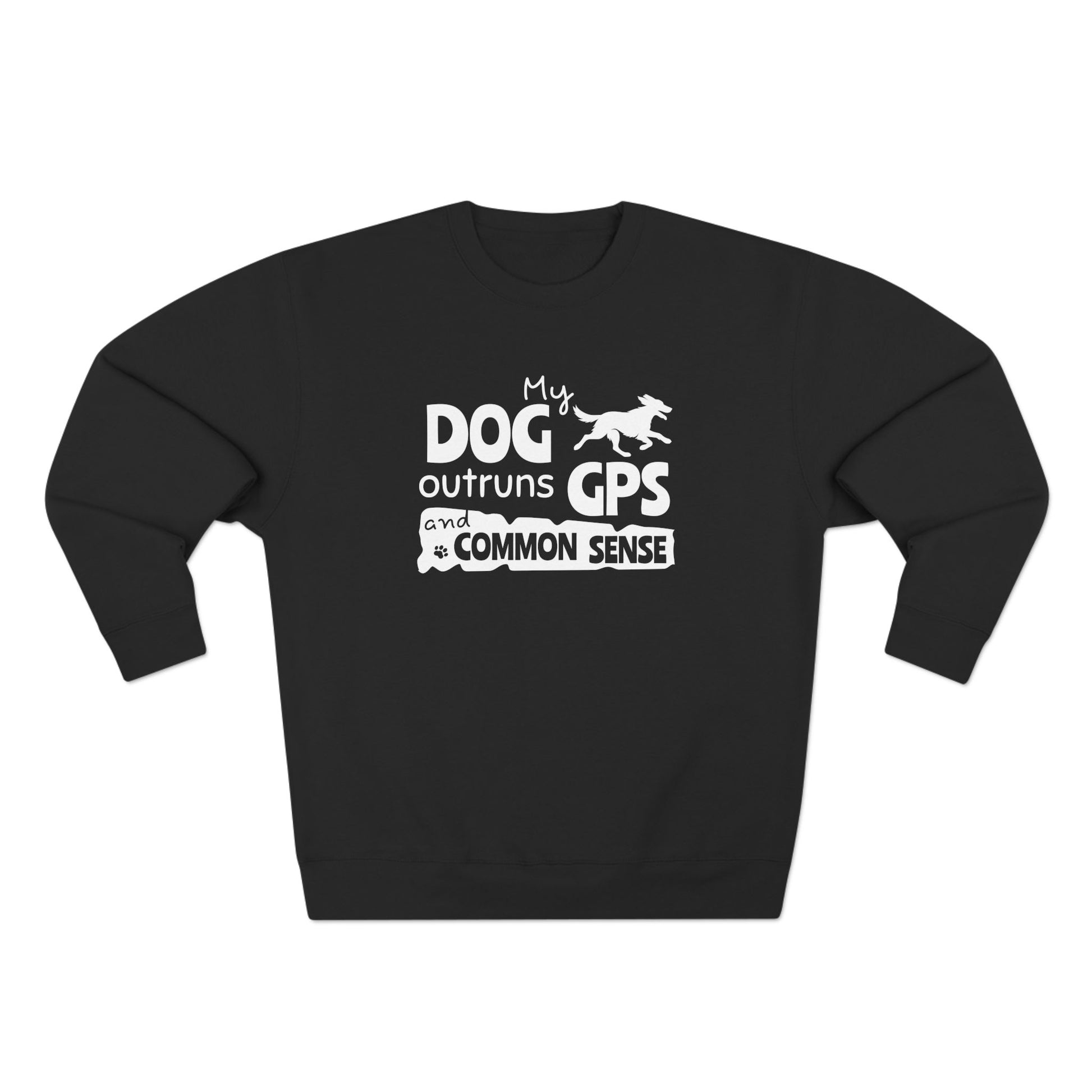 Black sweatshirt with white text and dog graphic on a white background