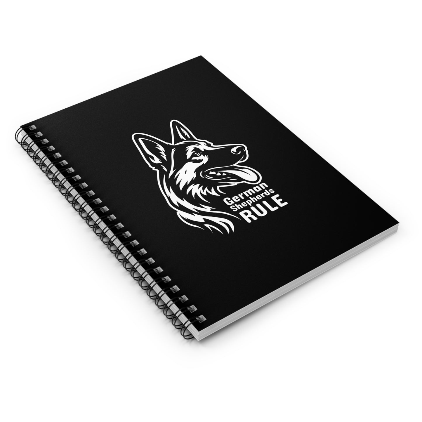 Black notebook with a white German Shepherd design and 'German Shepherds Rule' text on a white background