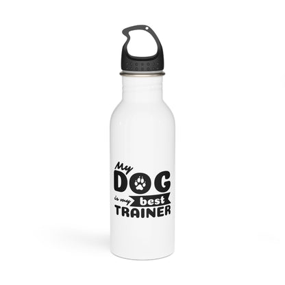 White water bottle with black text and paw print on a white background