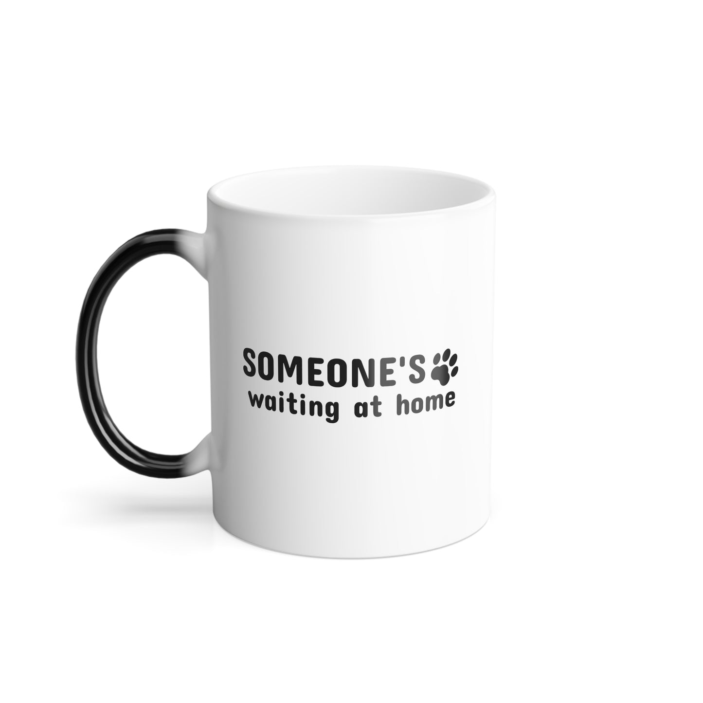 White mug with black text and paw print on a white background