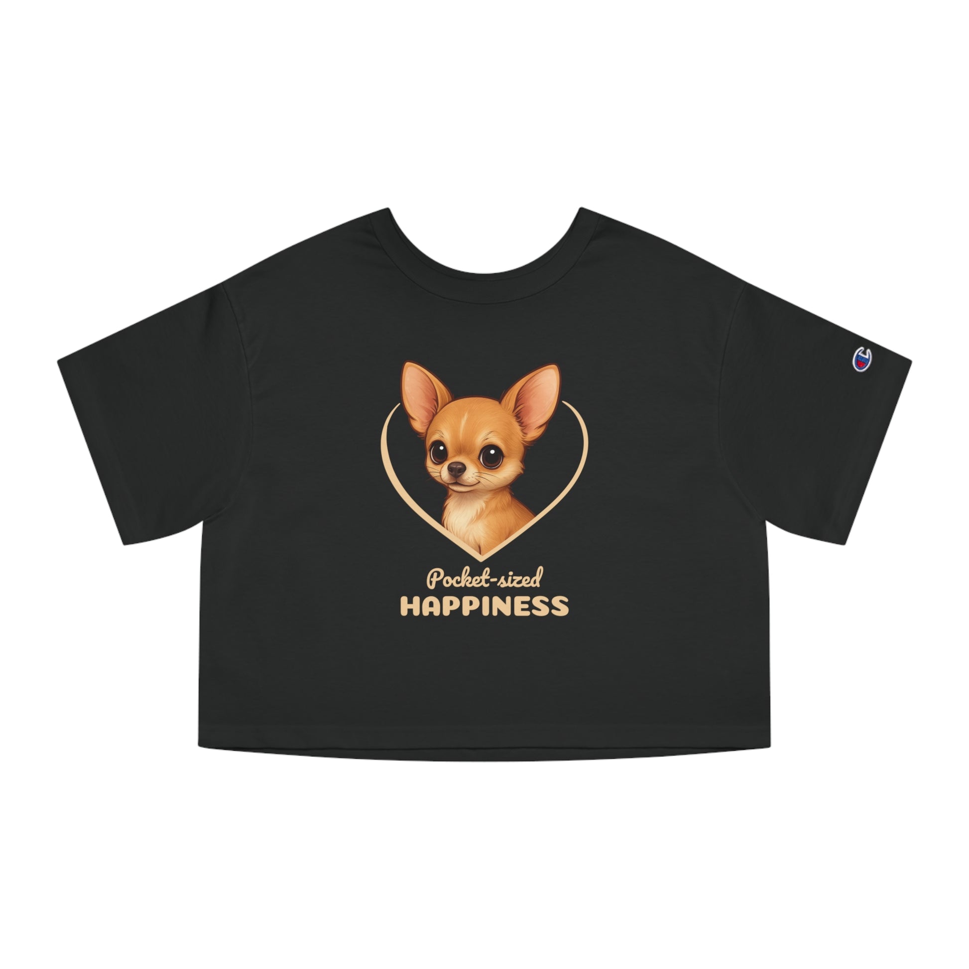 Black t-shirt with a dog illustration and 'Pocket-sized Happiness' text on a white background