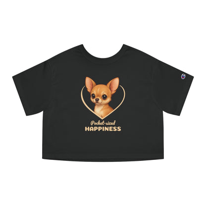 Black t-shirt with a dog illustration and 'Pocket-sized Happiness' text on a white background