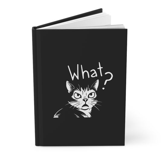 Black notebook with a cat illustration and 'What?' text on a white background