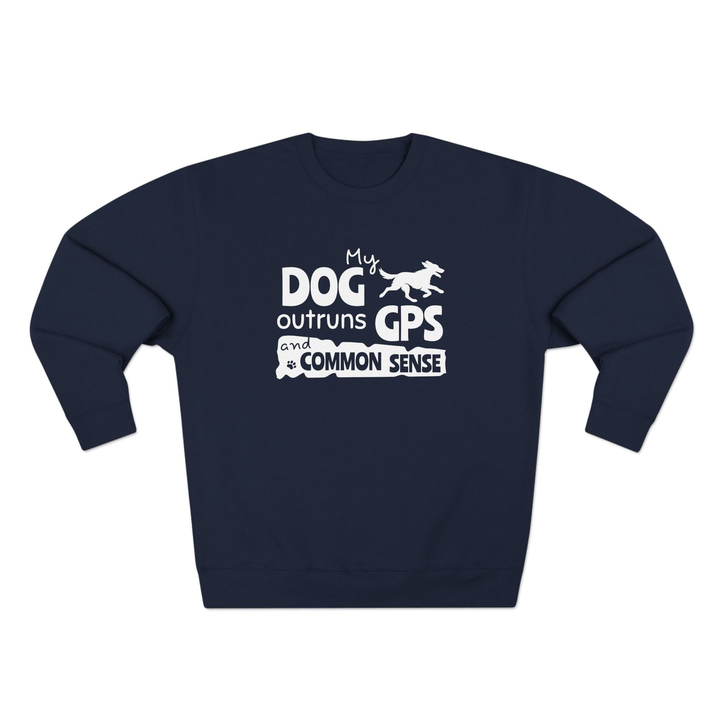 Navy blue sweatshirt with white text and graphic on a white background