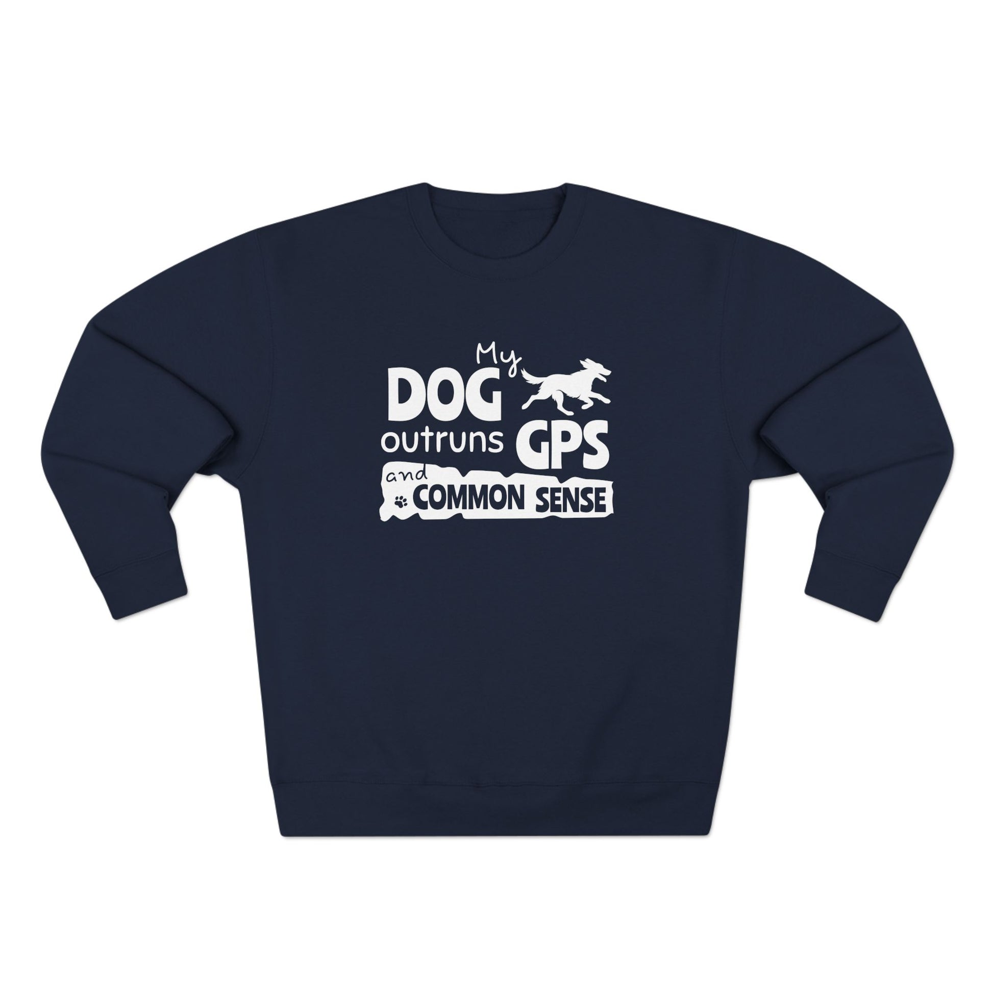 Navy blue sweatshirt with white text and graphic on a white background