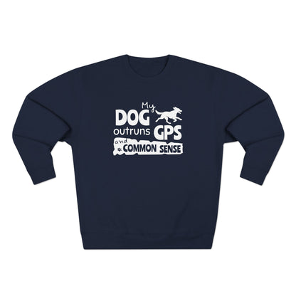 Navy blue sweatshirt with white text and graphic on a white background