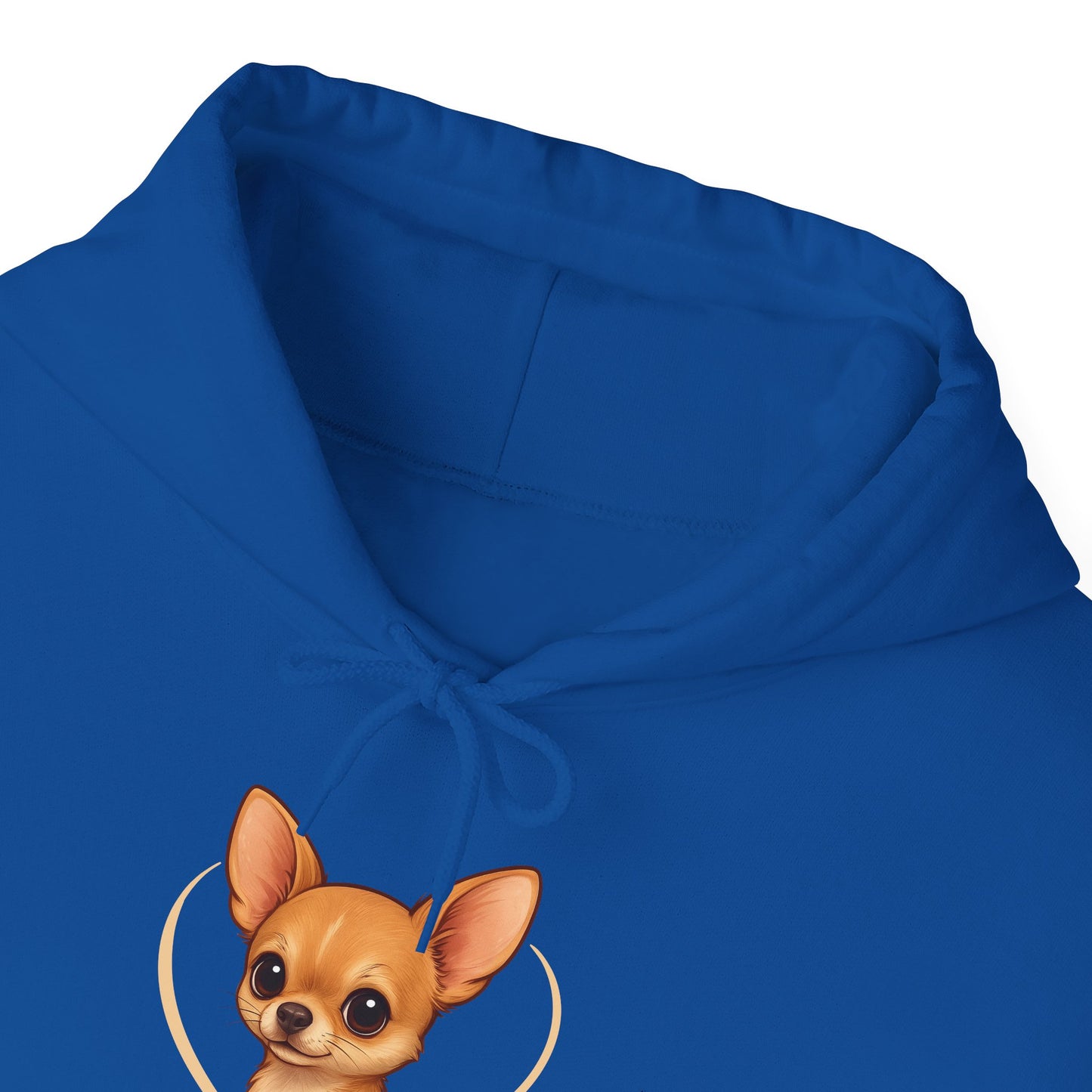Blue hoodie with a cartoon dog design on a white background