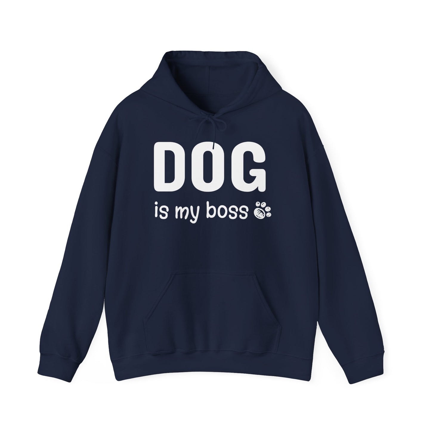 Navy blue hoodie with 'DOG is my boss' text on a white background