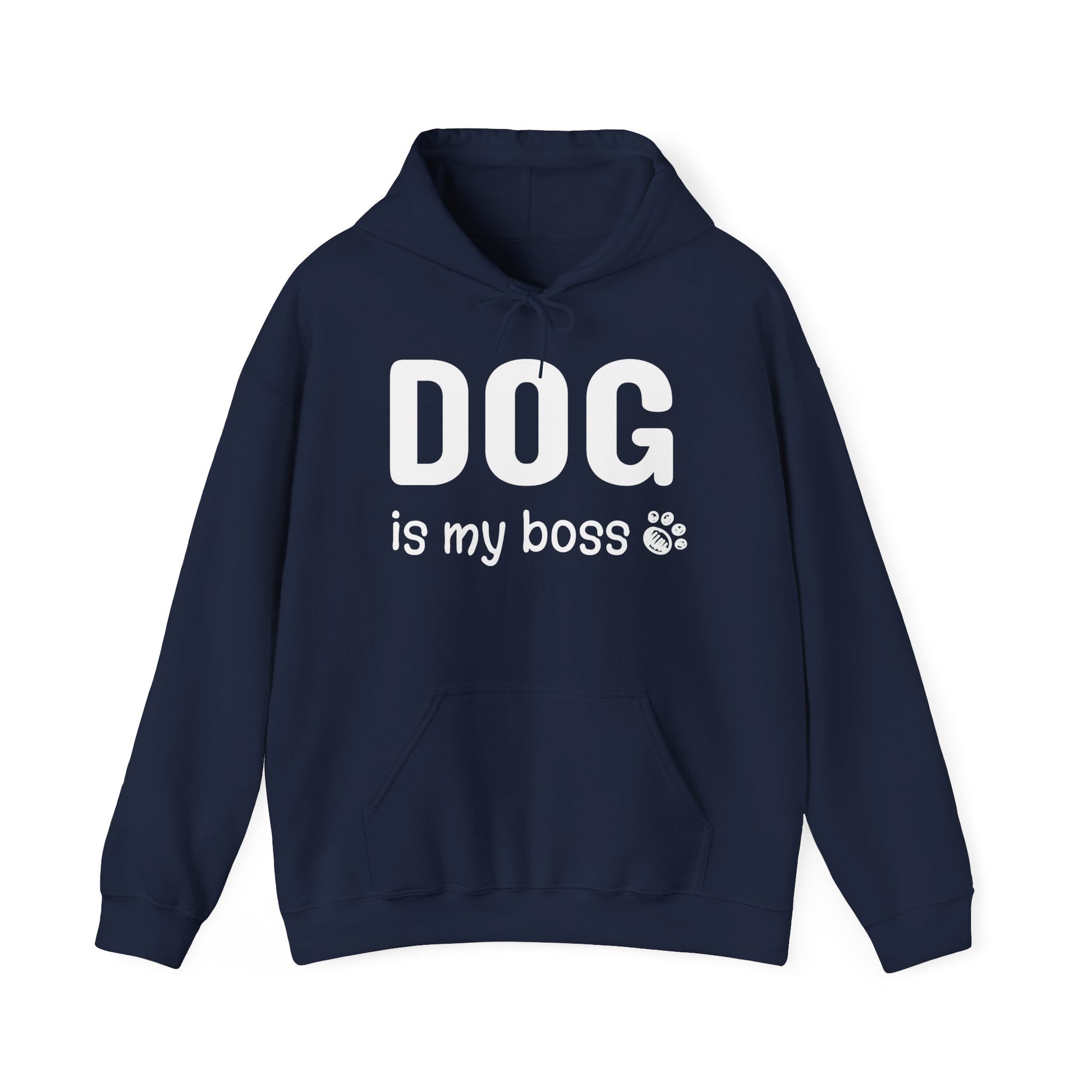 Navy blue hoodie with 'DOG is my boss' text on a white background