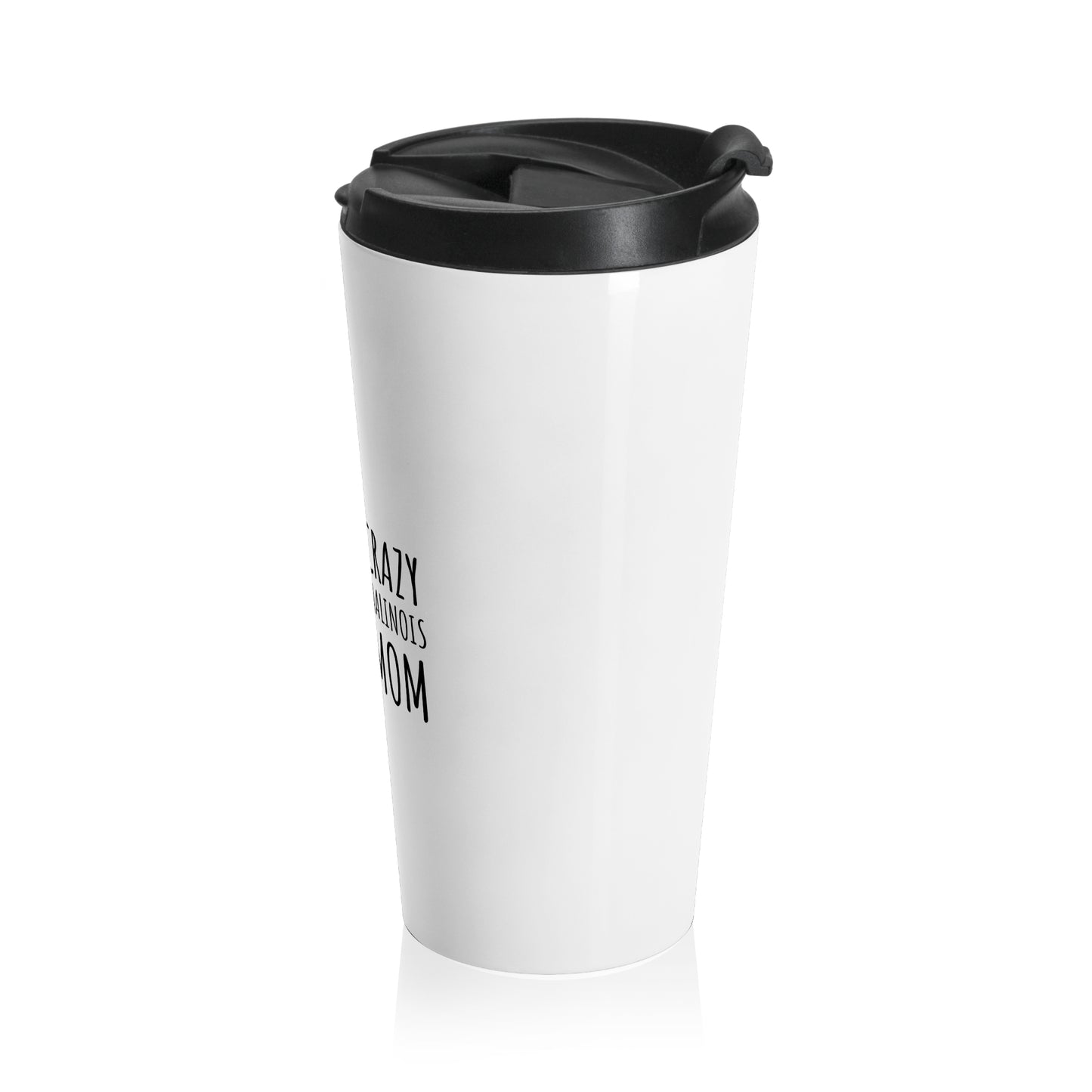White travel mug with black lid on a white background