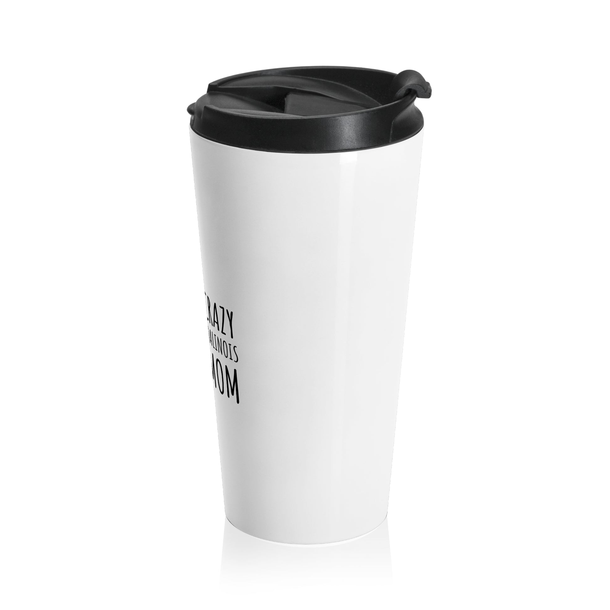 White travel mug with black lid on a white background