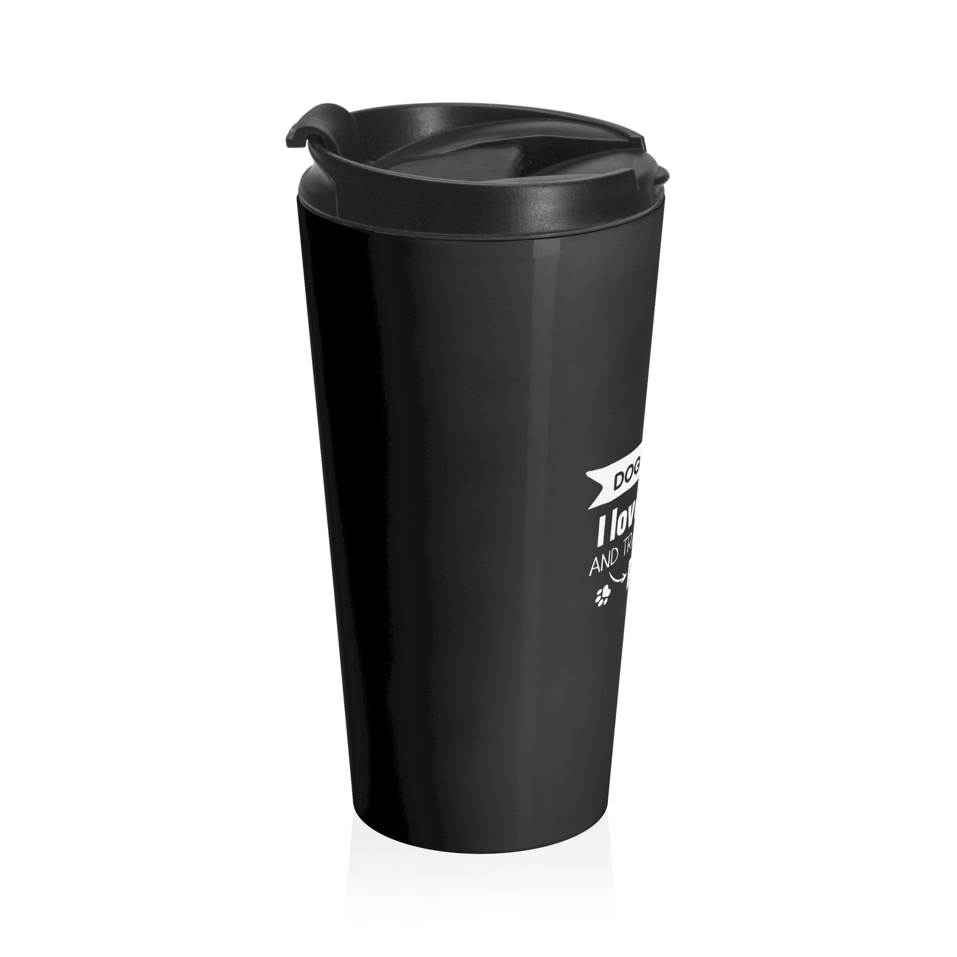 Black travel mug with a white logo on a white background