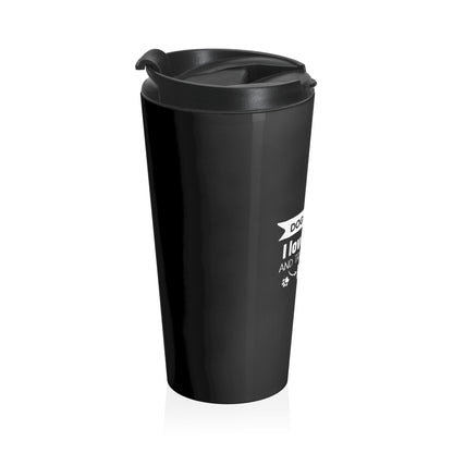 Black travel mug with a white logo on a white background