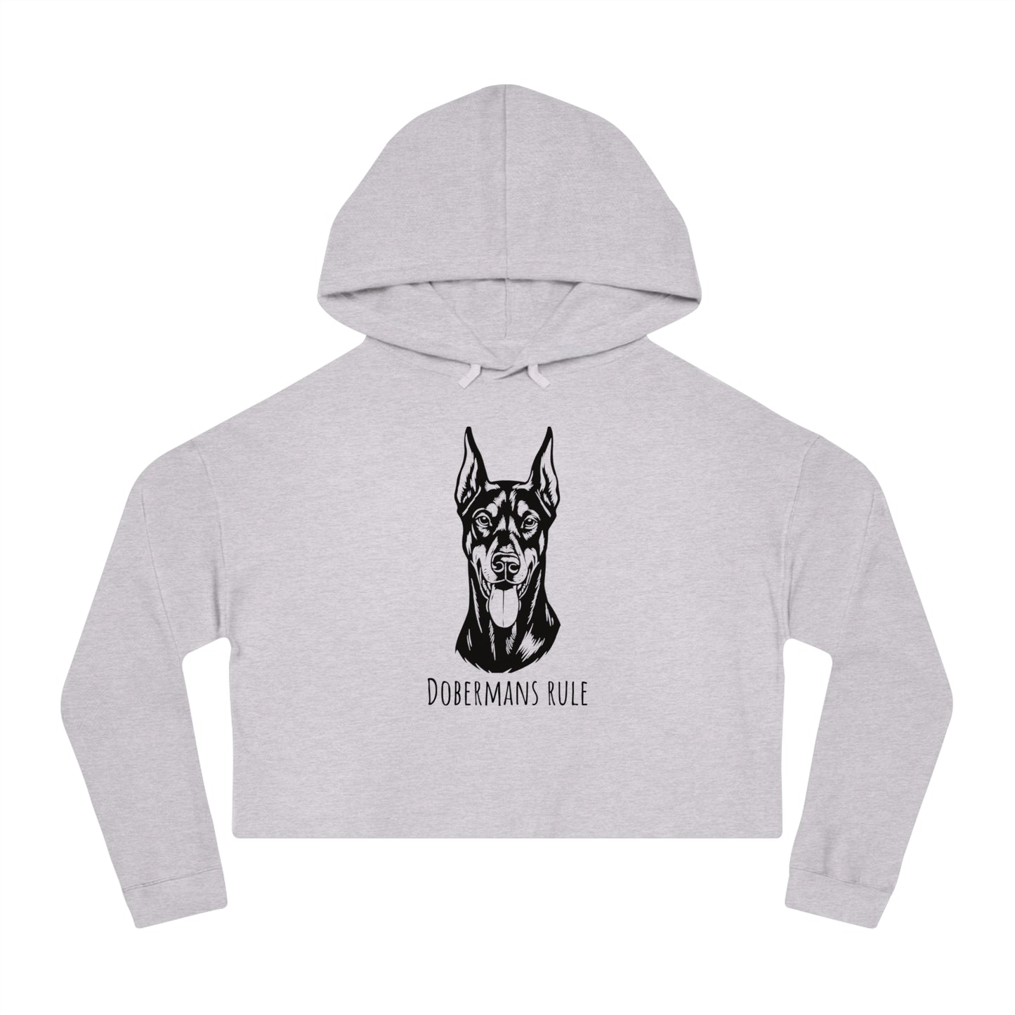 Gray cropped hoodie with a black dog illustration and 'Dobermans Rule' text on a white background