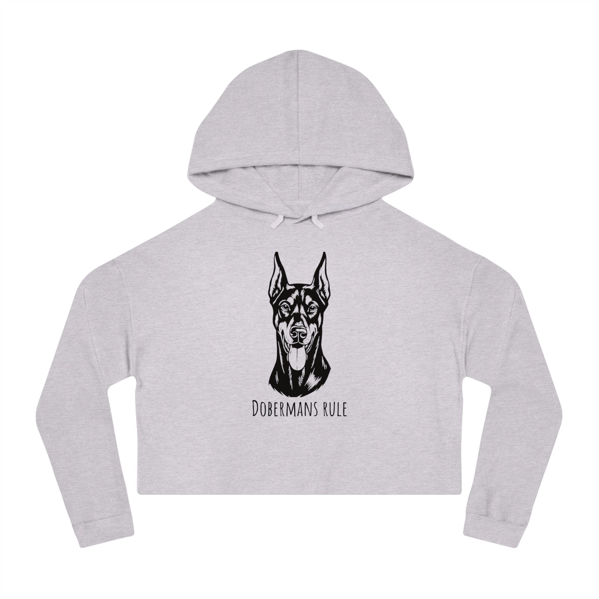 Gray cropped hoodie with a black dog illustration and 'Dobermans Rule' text on a white background