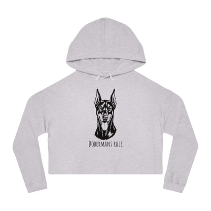 Gray cropped hoodie with a black dog illustration and 'Dobermans Rule' text on a white background