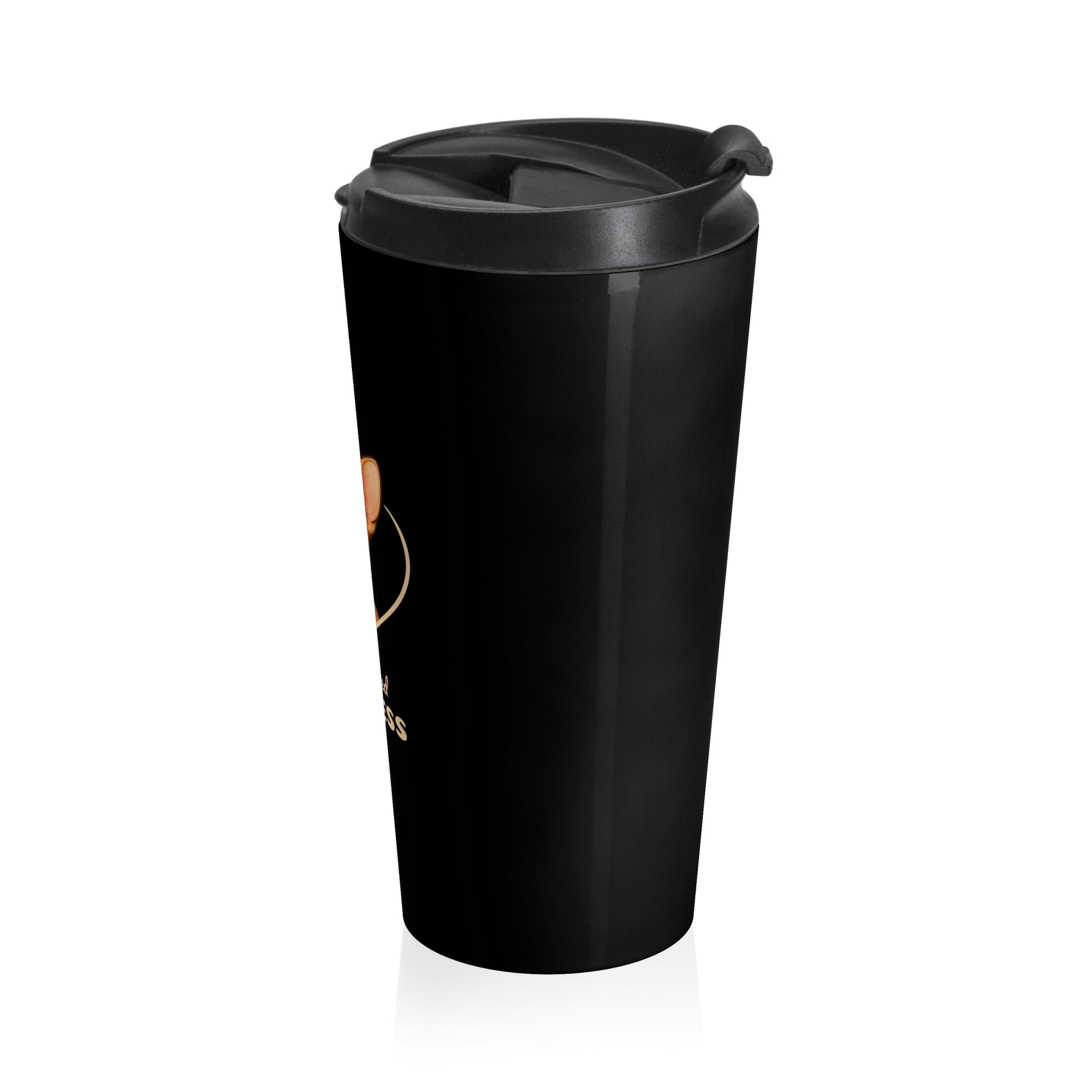 Black travel mug with a design on a white background