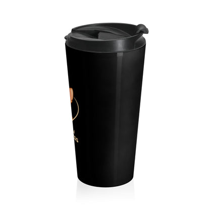 Black travel mug with a design on a white background