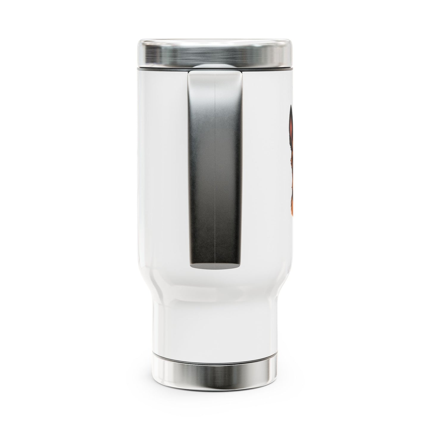 White tumbler with silver accents on a white background