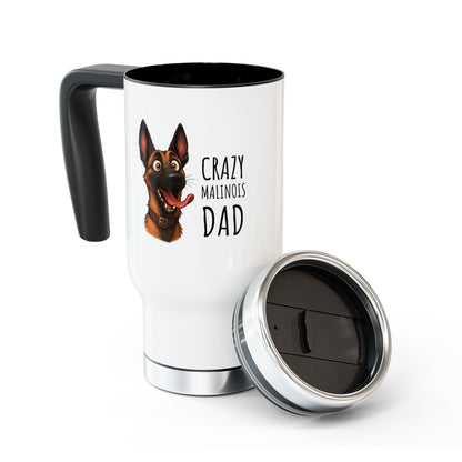 White travel mug with black interior and handle, featuring a dog illustration and text 'Crazy Malinois Dad' on a white background.