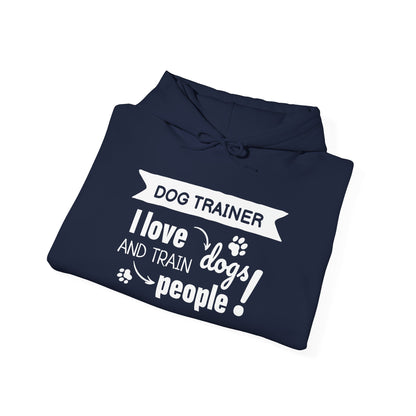 Navy blue hoodie with white text 'Dog Trainer I love dogs and train people' on a white background