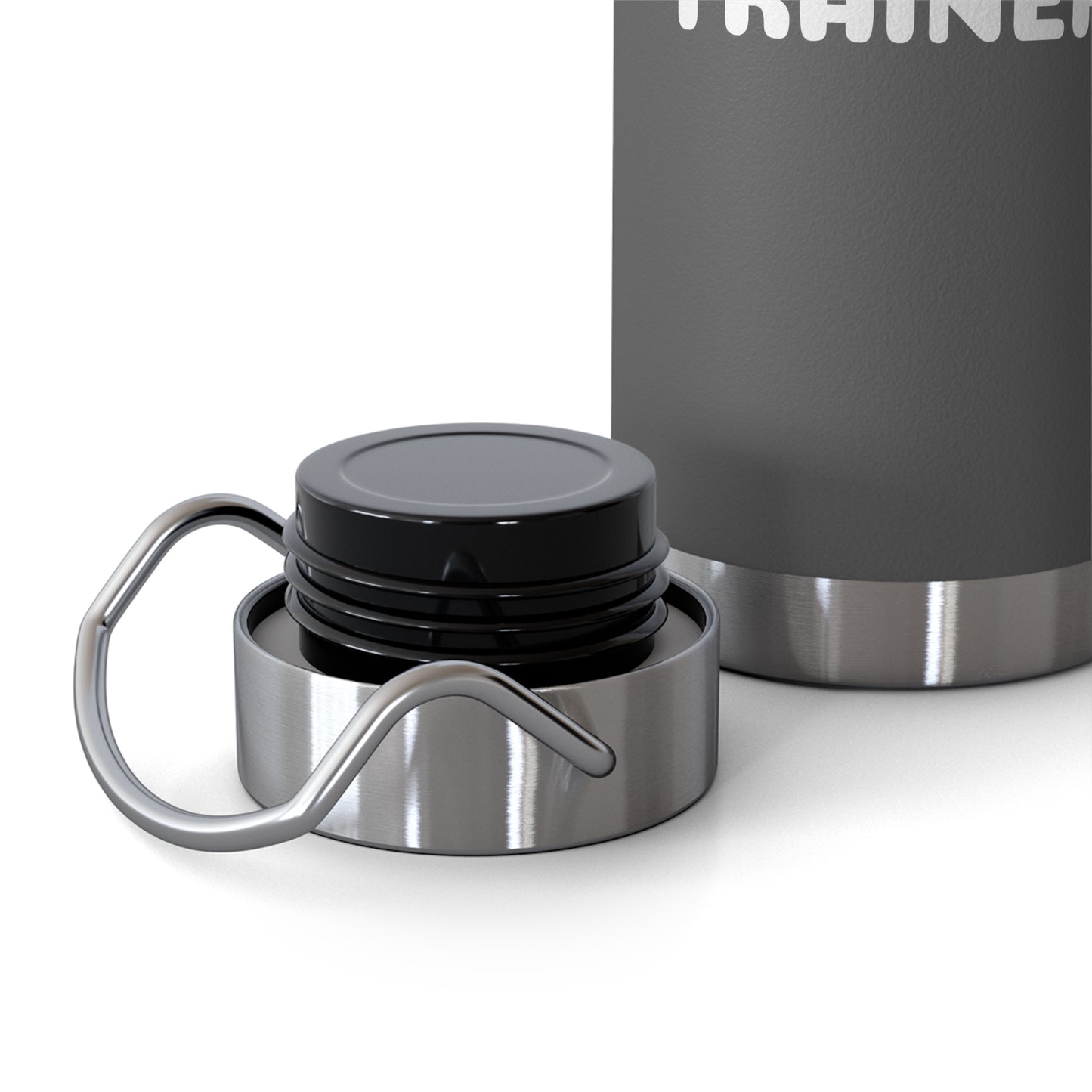 Close-up of a silver and black thermos with a white background