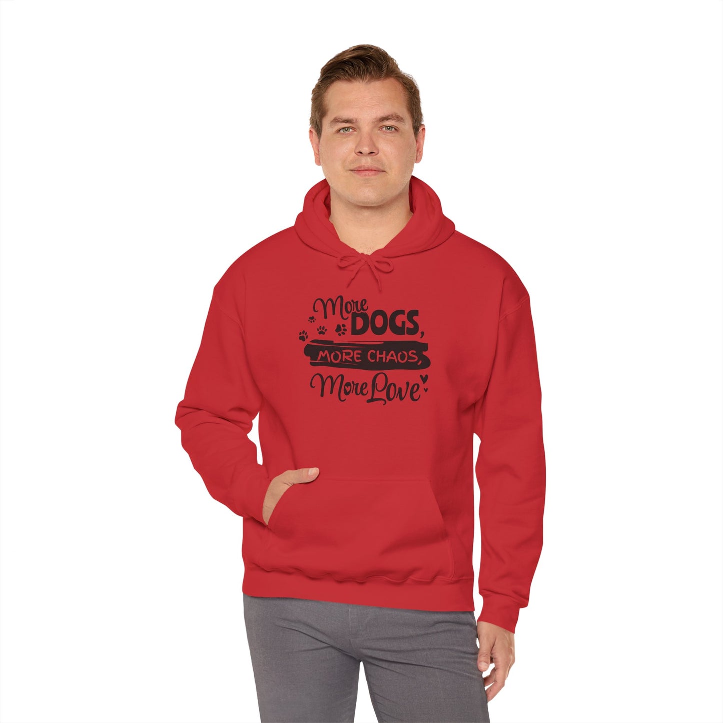 Person wearing a red hoodie with text on a white background