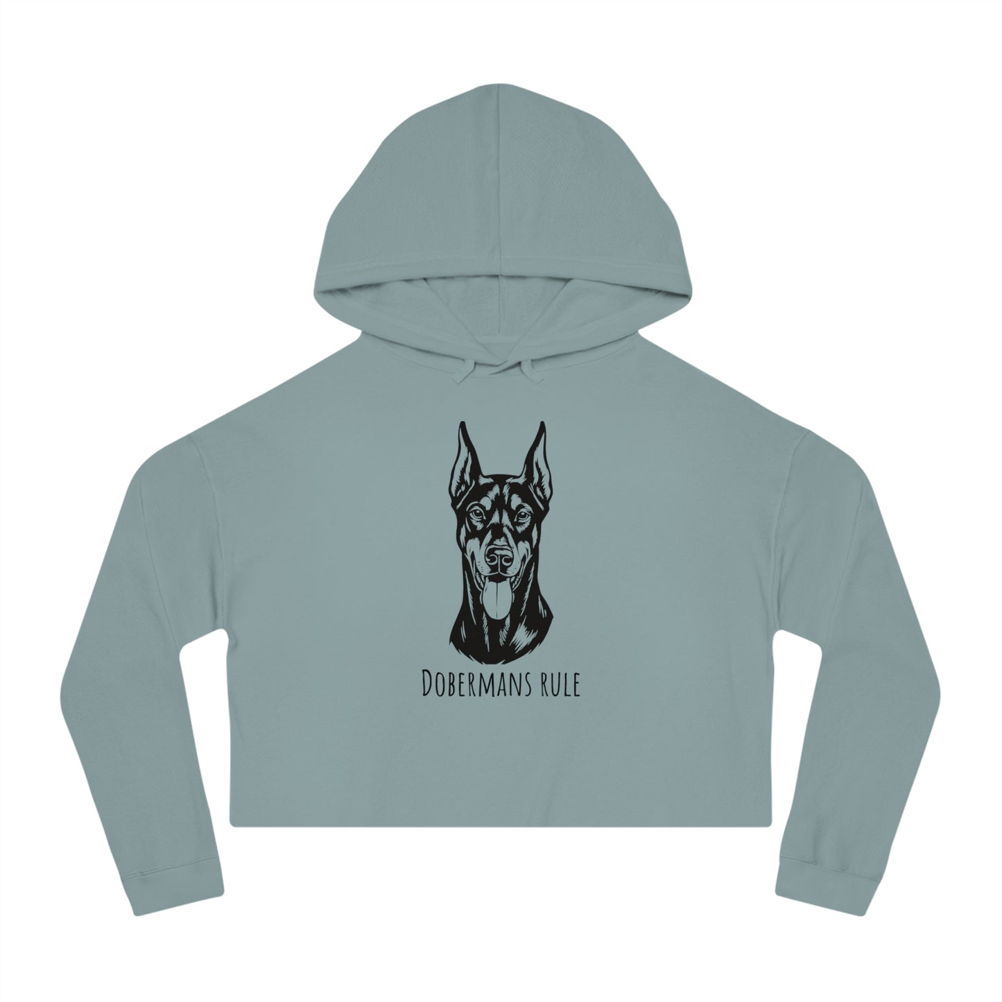Light blue cropped hoodie with Doberman graphic and 'Dobermans Rule' text on a white background