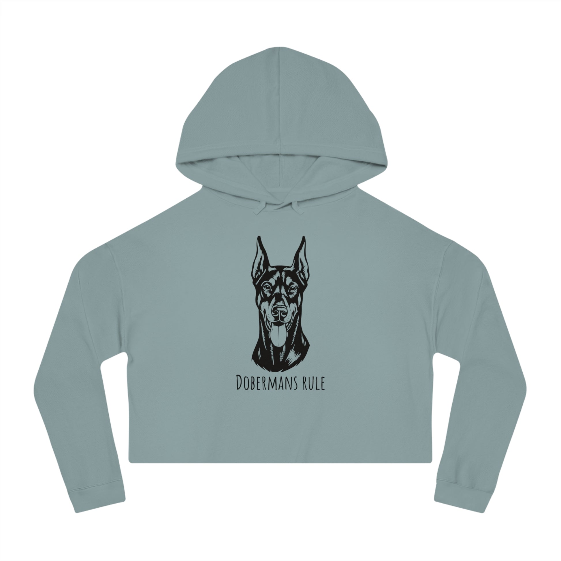 Light blue cropped hoodie with Doberman graphic and 'Dobermans Rule' text on a white background