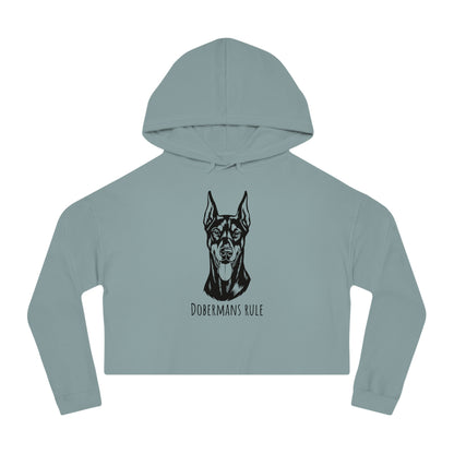 Light blue cropped hoodie with Doberman graphic and 'Dobermans Rule' text on a white background