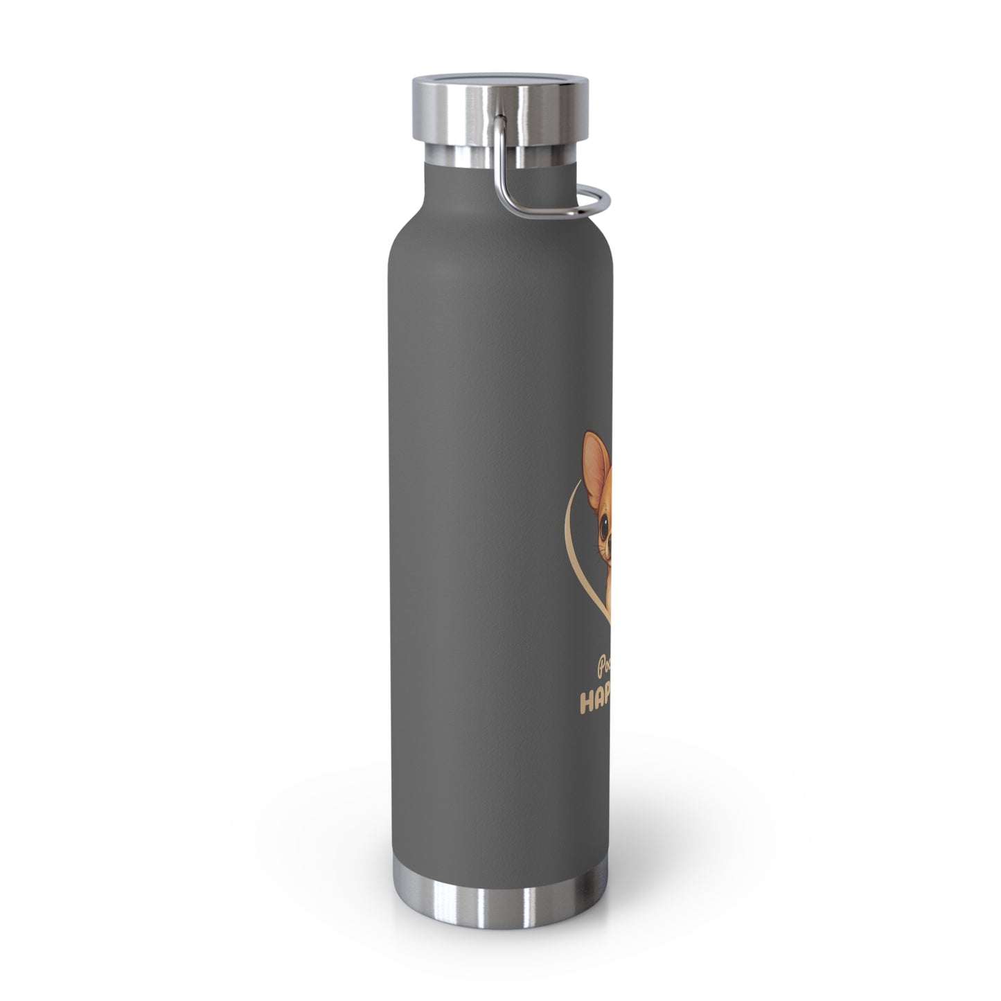 Gray water bottle with a logo and text on a white background