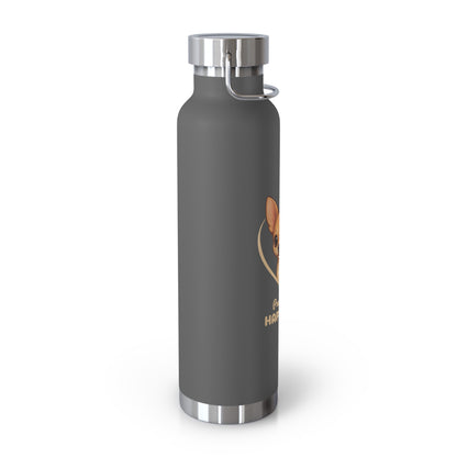 Gray water bottle with a logo and text on a white background