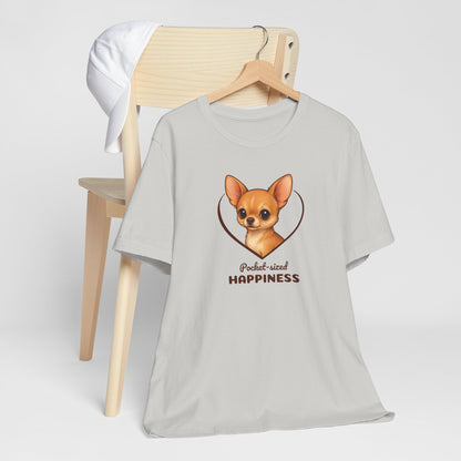 Gray t-shirt with a dog illustration and text on a white background