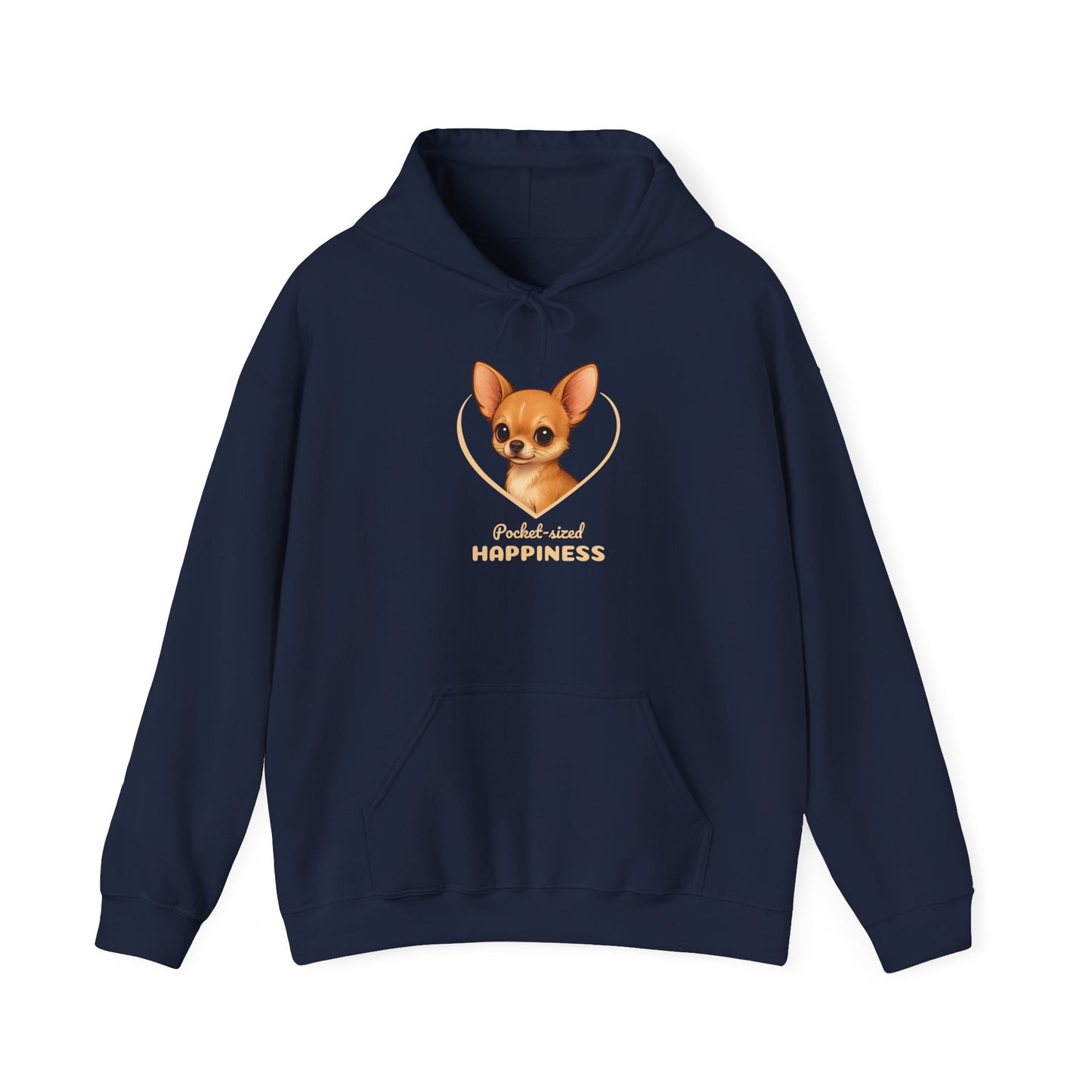 Navy blue hoodie with a dog illustration and 'Pocket-sized Happiness' text on a white background