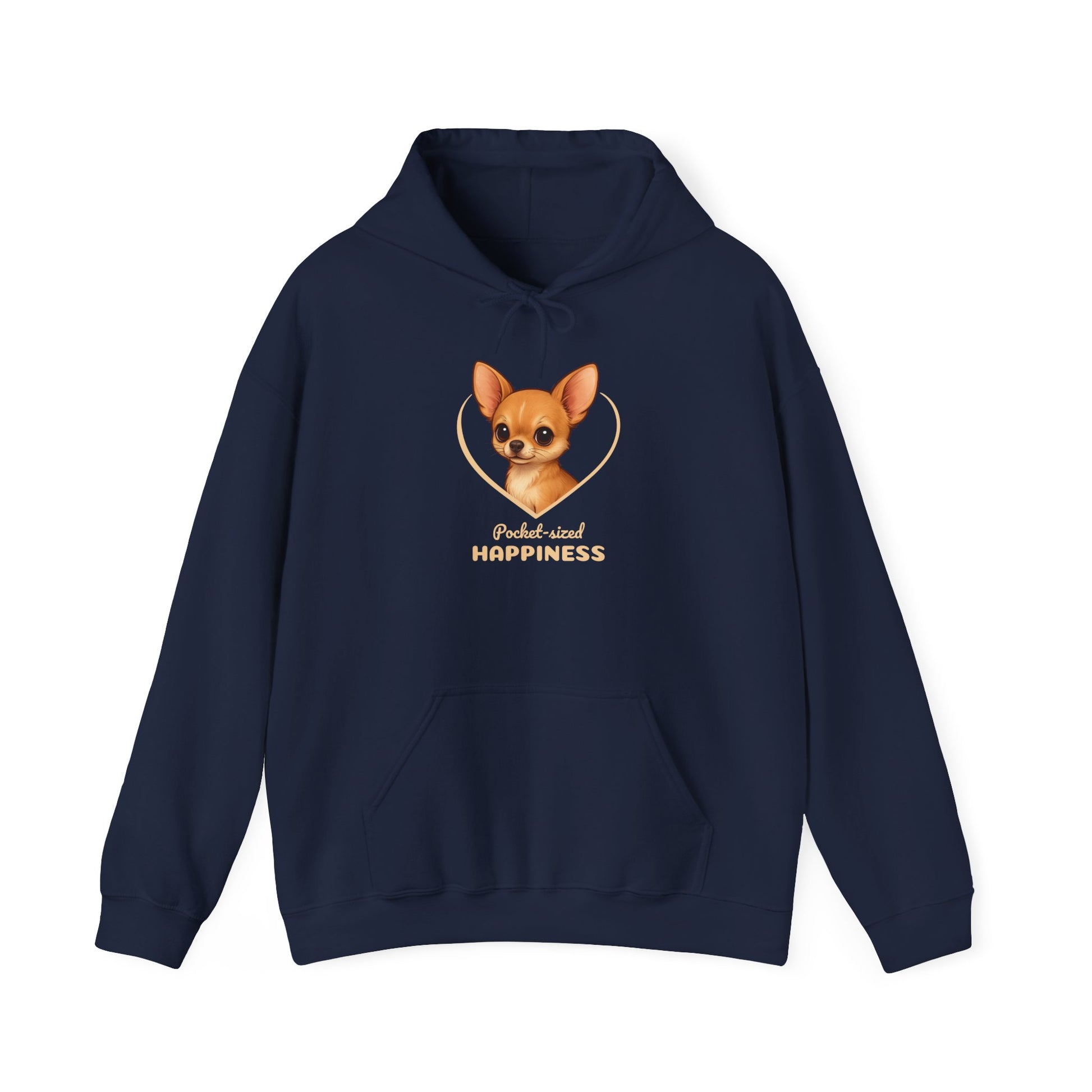Navy blue hoodie with a dog illustration and 'Pocket-sized Happiness' text on a white background