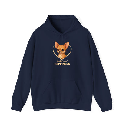 Navy blue hoodie with a dog illustration and 'Pocket-sized Happiness' text on a white background